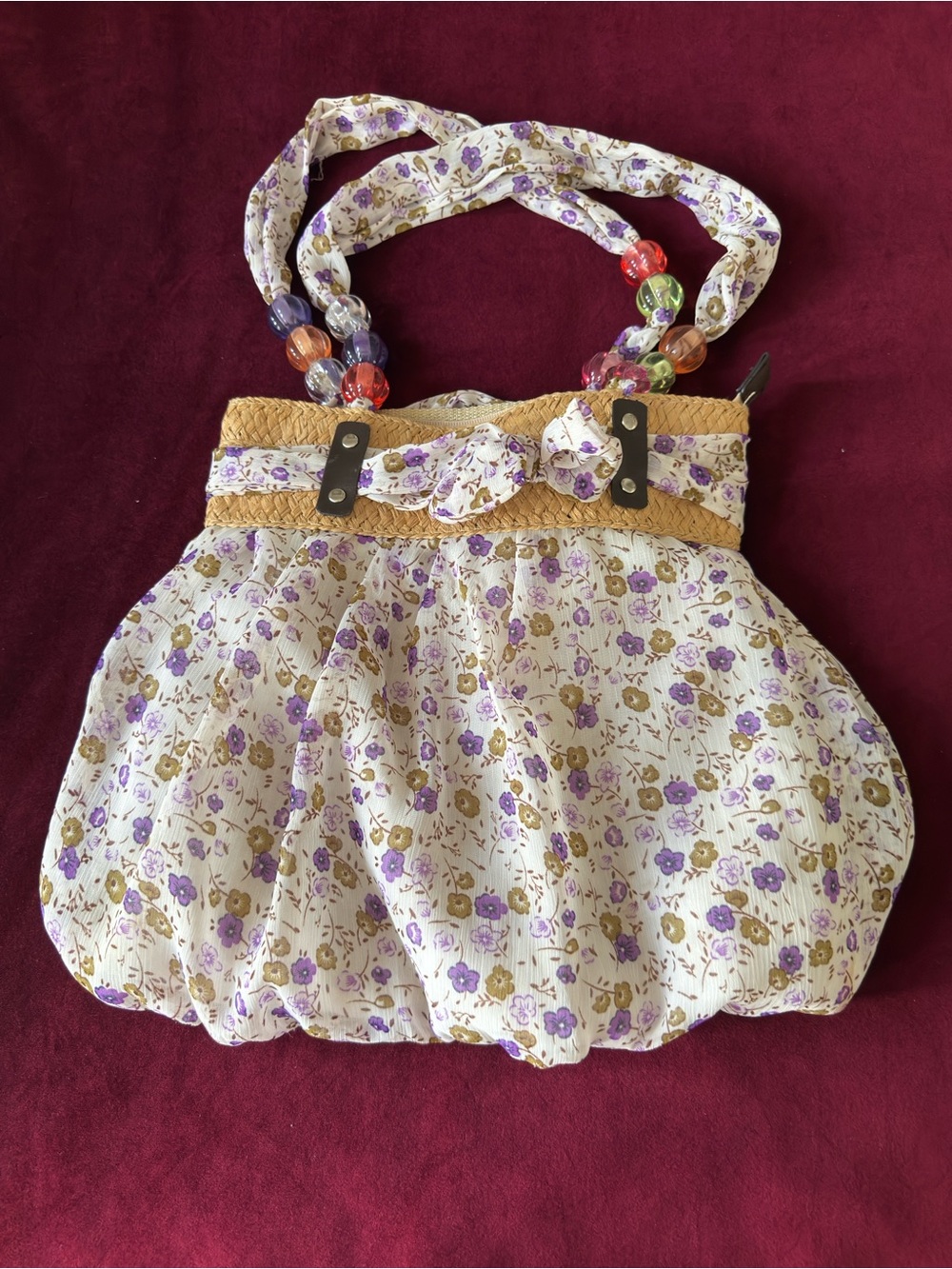 Floral Bubble Tote Bag with Beaded Handles - Cream and Lavender